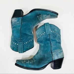 Frye Western Cowboy Studded Blue Suede Booties